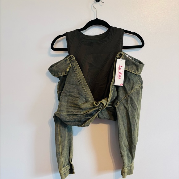 NWT la ros vintage green crop top with faux jacket off the sleeves size F which - Picture 3 of 7